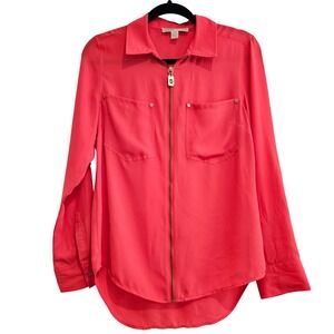 MICHAEL KORS Womens Coral Zip Front Shirt Blouse Top Size S